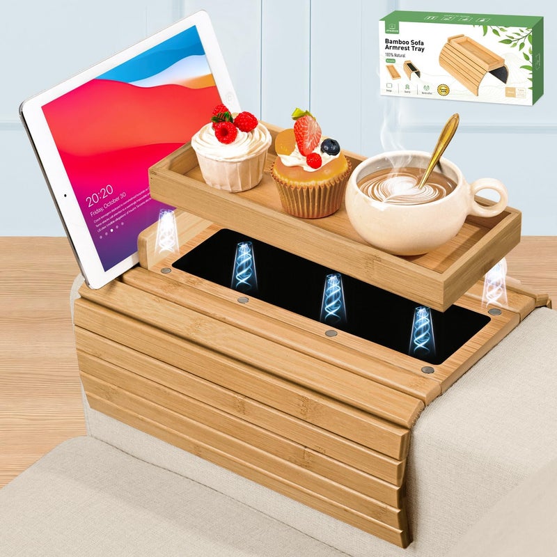 Joy&Grace Couch Arm Tray, 3-in-1 Magnetic Detachable Sofa Arm Table with Phone and Tablet Holder Bamboo Couch Cup Holder, Foldable Sofa Armrest Tray for Eating, Drinks, Phones (Natural) - Image 1